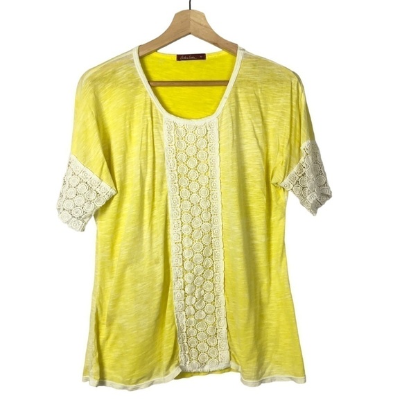 Bashara Lesser Yellow & White Crochet Lace Short Sleeve Blouse M - Picture 1 of 3